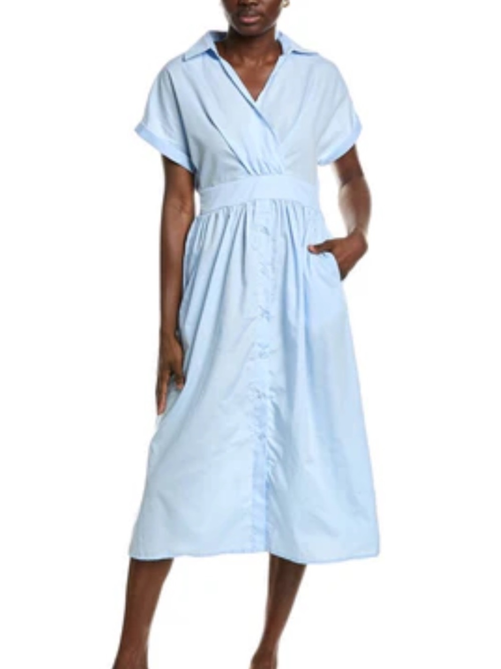 Zara sky blue v neck collared short sleeve button front midi dress M